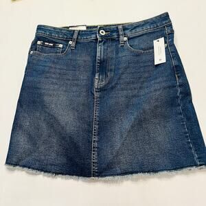 DKNY Denim Mini Skirt Women's 10 Blue Mid Rise Fringed Stretch Mid Rise NWT